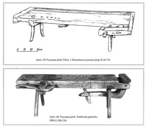 Workbenches from "Woodworking in Estonia." Roman Workbench, Carving Bench, Woodwork Bench, Shaving Horse, Workshop Bench, Diy Easel, Start Studying, Bench Vice, Medieval Furniture