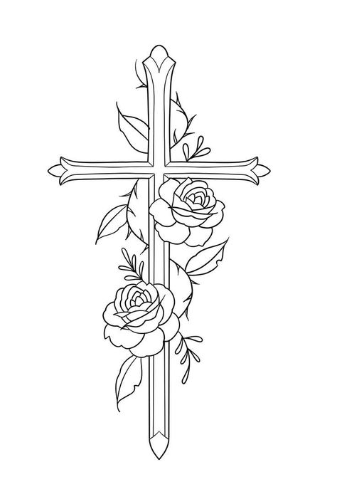 Rose Tattoo Outline, Skull Thigh Tattoos, Cross Coloring Page, Abstract Tattoo Ideas, Cross Drawing, Cross Tattoos For Women, Mom Tattoo Designs, Tattoo Outline Drawing, Cross Tattoo Designs