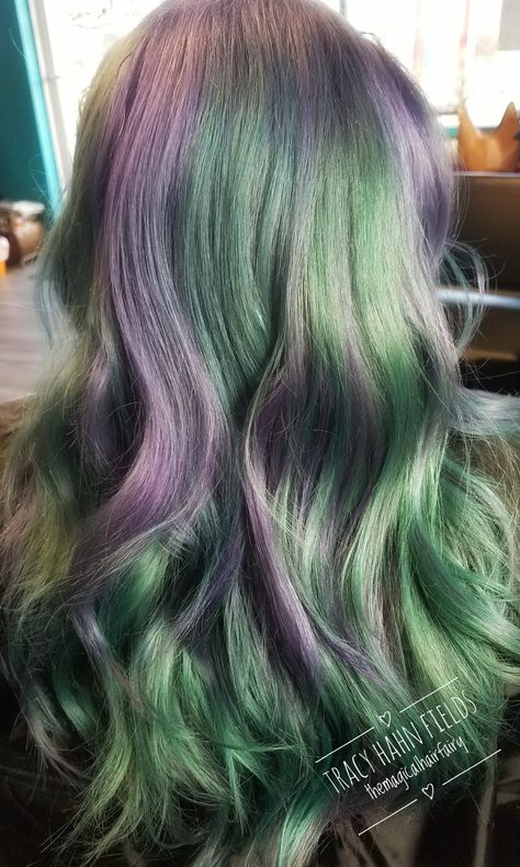 Vivid color Pigeon Hair Color, Purple Hair Green Highlights, Dyed Alt Hair, Pigeon Hair Dye, Purple To Green Hair, Green And Purple Hair Ideas, Dark Green And Purple Hair, Green And Purple Peekaboo Hair, Blonde Purple And Green Hair