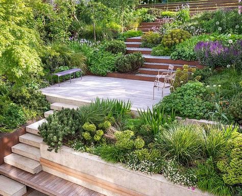 Steep Gardens, Sloped Backyard Landscaping, Terraced Landscaping, Hill Garden, Muswell Hill, Sloped Backyard, Terrace Garden Design, Garden Stairs, Tiered Garden