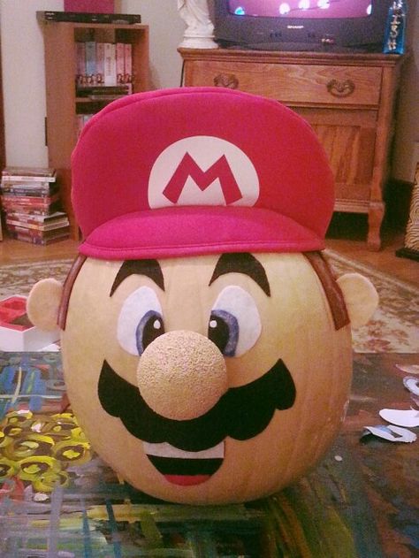 Mario pumpkin contest! Mario Pumpkins Painted, Pumpkin Mario Bros, Mario Pumpkin Ideas, 80s Pumpkin Decorating, Video Game Pumpkin Painting, Mario Brothers Pumpkin Painting, Pumpkin Painting Ideas Kindergarten, Mario Brothers Pumpkin, Bowser Pumpkin Painting