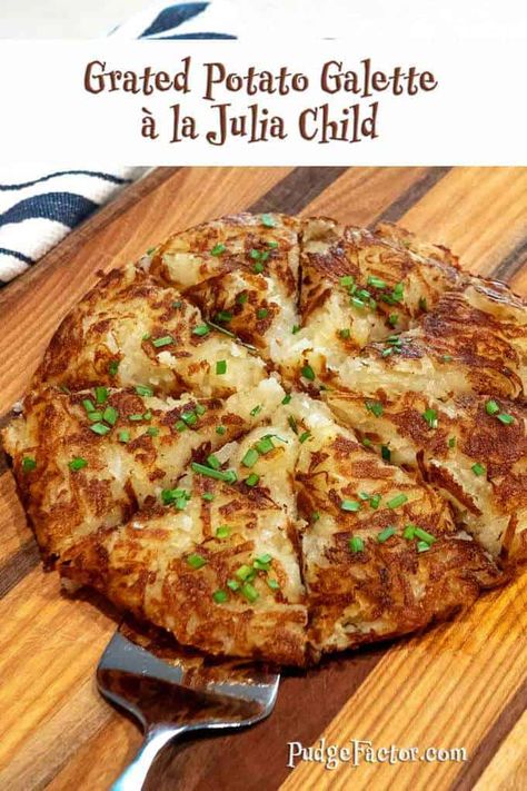 Grated Potato Galettes are buttery crispy on the outside and creamy on the inside. They are easy to make and an elegant side dish. Potato Galette, Julia Child Recipes, Matzo Meal, Galette Recipe, Grated Potato, Potato Sides, Hash Browns, French Cooking, Cooking Prep