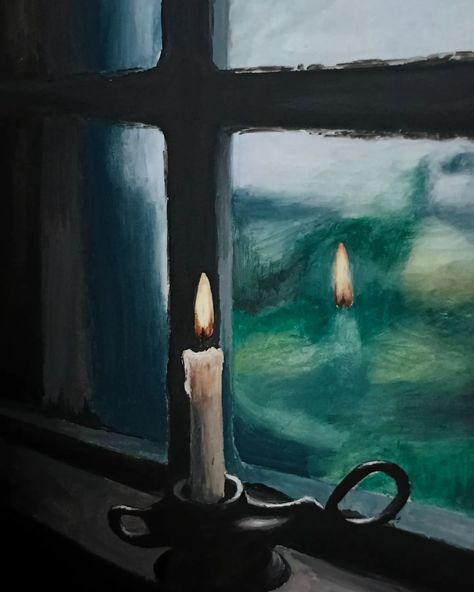 #gouache Candle In The Window Painting, Candle In The Window, Window Illustration, Window Candles, Paint Strokes, Candle Light, Window Painting, Dragonflies, Window Sill