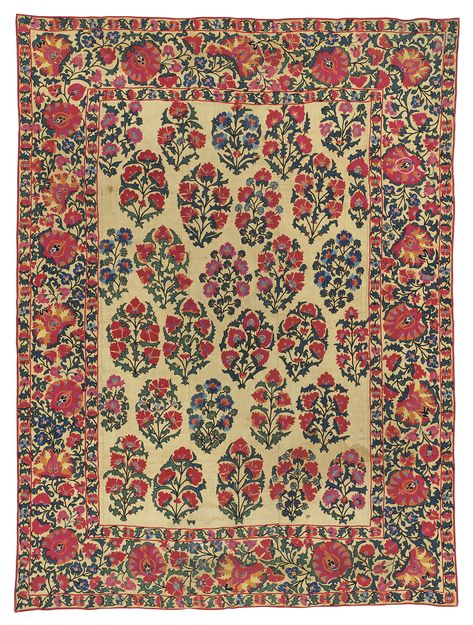 A SUSANI | SHAKHRISABZ AREA, UZBEKISTAN, MID-19TH CENTURY | 19th Century, Textiles & Costume | Christie's Suzani Rug, Asian Textiles, Yellow Tree, South Kensington, Textile Arts, Floral Spray, Antique Textiles, Carpet Runner, Large Flowers