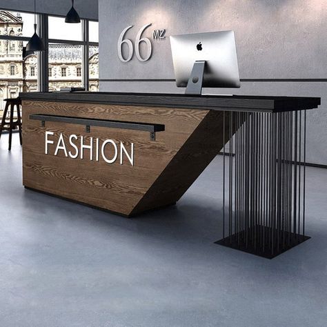 Modern Reception Counter Design, Modern Counter Design, Industrial Reception Design, Industrial Style Reception, Metal Reception Desk, Modern Desk Design, Industrial Reception Desk, Modern Reception Desk Design, Reception Counter Design