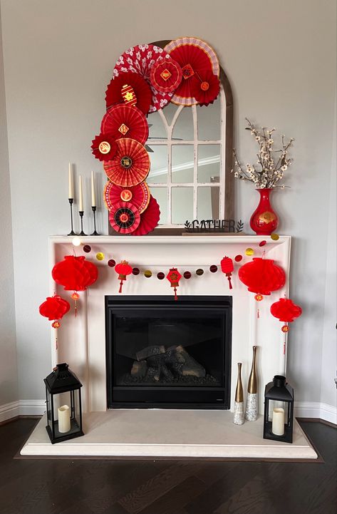 Lunar New Year Home Decorations Chinese New Year Kids, Mantle Decorations, Chinese New Year Party, New Year Diy, Chinese Lunar New Year, New Year Table, Chinese New Year Crafts, 100 Day Celebration, Chinese Decor