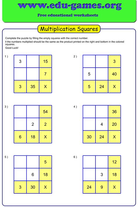 Multiplication Squares puzzles are a great way to practice multiplication and dividing skills combined with logical thinking. Suitable from grade 3 to grade 6. Multiplication Puzzles Free, Grade 4 Multiplication, 4 Multiplication, Multiplication Puzzles, Multiplication Squares, Worksheets 3rd Grade, Multiplication Worksheet, Multiplication Worksheets, 1st Grade Worksheets