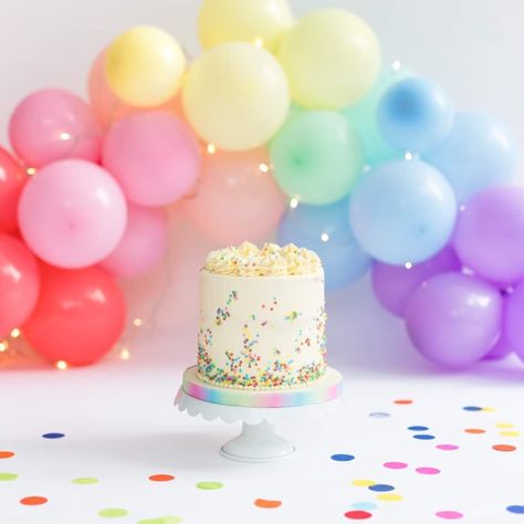 Rainbow Cake Smash Photoshoot, Rainbow Smash Cake Photoshoot, Rainbow Smash Cake, Rainbow Smash Cakes, Rainbow Cake Smash, Space Party Decorations, Donut Themed Birthday Party, Cake Smash Theme, Rainbow First Birthday