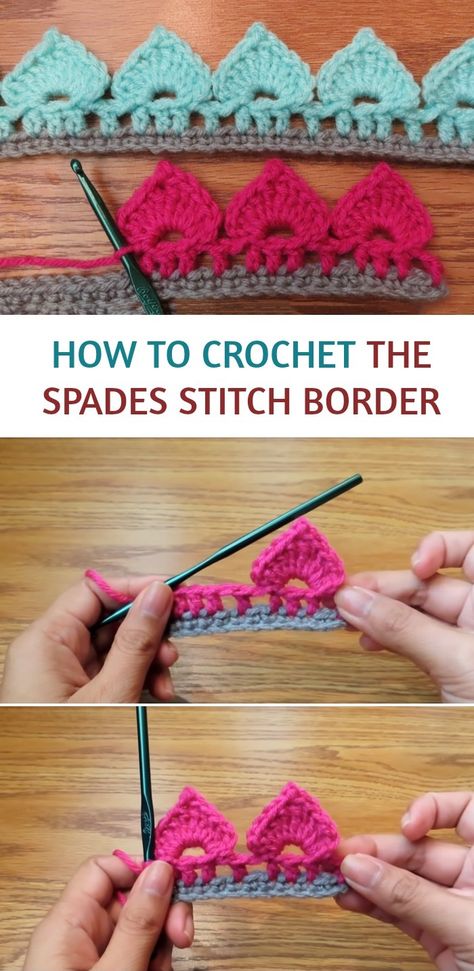 Learn how to crochet this beautiful spades stitch border or edging in just about ten minutesUsing a free crochet pattern with step by step video tutorial Crochet Edging Patterns Free, Crochet Blanket Border, Crochet Blanket Edging, Háčkované Lemy, Border Patterns, Crochet Border Patterns, Ornament Flower, Borders Free, Crochet Bow