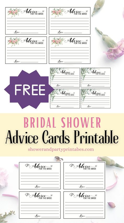 Instant download of three different designs of free printable bridal shower advice cards to print at home and use at a wedding shower! Wedding Advice Cards Printable Free, Advice For The Bride Printable Free, Bridal Shower Games Free Printables, Bridal Jeopardy, Western Bridal Showers, Marriage Advice Cards, Bridal Shower Advice Cards, Bridal Shower Advice, Holly Wedding