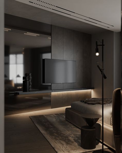 Dark Interior Design, Ruang Tv, Bedroom Tv Wall, Design Hall, Dark Living Rooms, Modern Tv Wall, Dark Modern, Black Interior Design, Tv In Bedroom