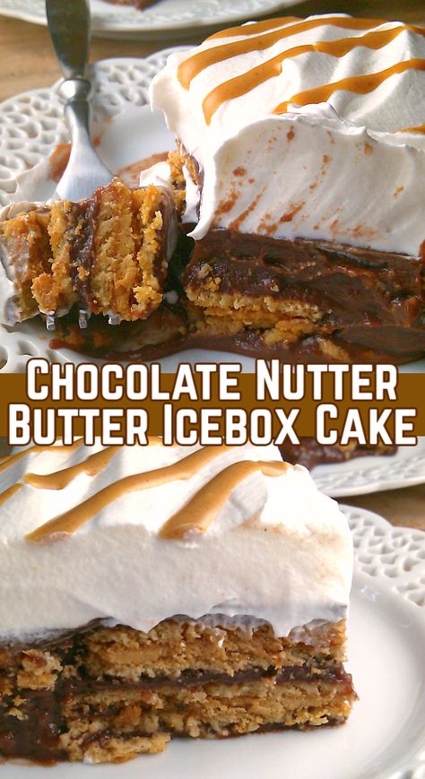 Butter Butter Icebox Cake, Peanut Butter Torte Dessert Recipes, Chocolate Nutter Butter Icebox Cake, Nutter Butter Ice Box Cake, Peanut Butter Cookie Dessert, Nutter Butter Icebox Cake, Eclaire Cake, Peanut Butter Eclair Cake, Ultimate Chicken Casserole