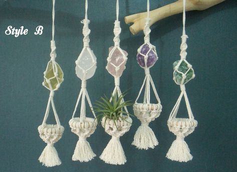 Macrame Crystal Hanger, Macrame Crystal Holder, Macrame Air Plant Holder, Car Mirror Hangers, Car Mirror Charm, Macrame Rings, Macrame Planter, Crystal Holder, Diy Macrame Plant Hanger