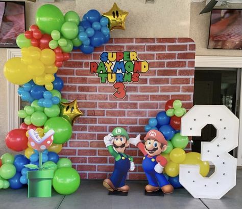 Happy Birthday Bro Brother Super Mario Party, Mario Theme Photoshoot, Mario Bros First Birthday, Super Mario Photo Backdrop, Mario Bro Balloon Garland, Mario Brothers Balloon Arch, Mario Backdrop Birthday Party Ideas, Mario Birthday Photo Shoot, Super Mario Bros Backdrop