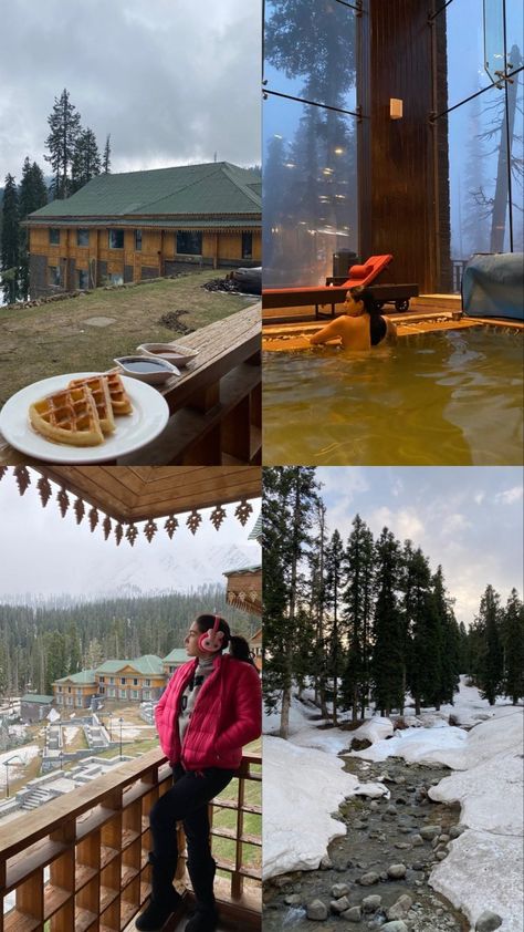 Sara Ali Khan is currently enjoying a vacation in Kashmir with her mother Amrita Singh and brother Ibrahim Ali Khan. The actress has been sharing pictures and videos from the mesmerising snowy locations, shelling out major vacation goals. On Monday evening, the Love Aaj Kal actress shared some new pictures from her snowy vacay on her Instagram stories.Sara took to her Instagram stories and shared a photo collage. In one picture, the Kedarnath actress can be seen enjoying a dip in a hot water poo Ibrahim Ali Khan, Mountain Photo Ideas, Love Aaj Kal, Couple Photography Winter, Kashmir Trip, Travel Instagram Ideas, Travel Destinations In India, Travel Pose, Mountain Pictures