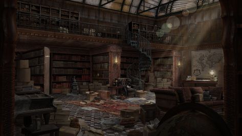 ArtStation - Library, Gabriela Novotna Abandoned Library Aesthetic, Library Artwork, Dark Cottagecore House, Nyc Library, Abandoned Library, Gothic Library, Victorian Library, Ancient Library, Private Library