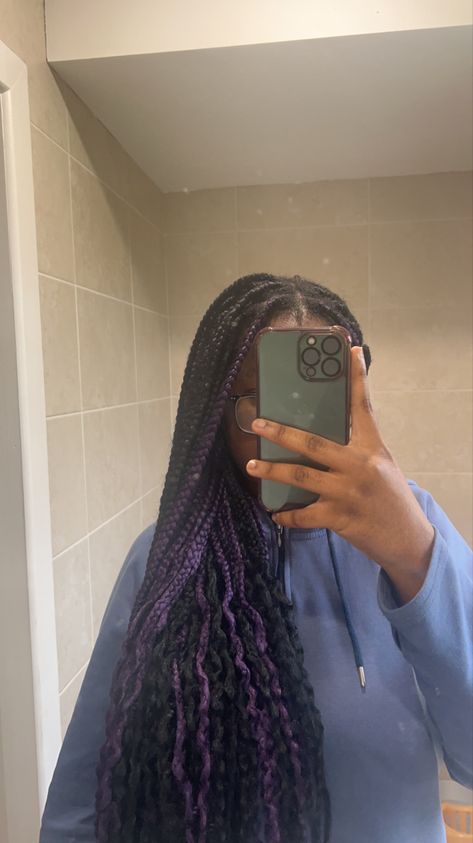 Black And Purple Box Braids Mixed, Plum Box Braids, Brown And Blue Box Braids, Black And Purple Boho Braids, Dark Purple Braids For Black Women, Light Purple Box Braids, Purple And Black Braids Hairstyles, Braids With Purple Highlights, Dark Purple Box Braids