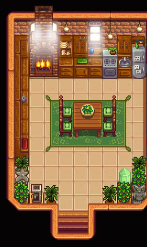 Stardew Living Room Ideas, Stardew Valley Kitchen, Stardew House, Patio Oasis Ideas, Stardew Ideas, Stardew Farm, Valley Kitchen, Stardew Farms, Stardew Valley Layout