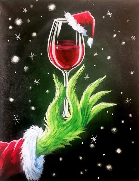 Drink Up Grinches | Picasso & Wine Halloween Watercolor Art, Printable Stencil, Wine And Paint Night, Drink Up Grinches, Art App, Halloween Watercolor, Christmas Canvas Art, Wine And Canvas, Christmas Paintings On Canvas