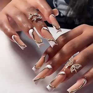 White And Gold French Tip Nails, Pink Coffin, China Nails, Manicure Art, Nails Glossy, Gel Glue, Nagel Tips, Manicure Tips, Coffin Press On Nails