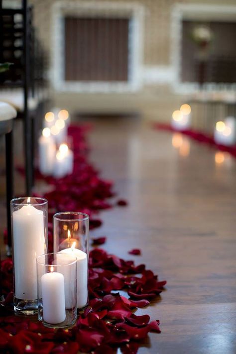 Deep red rose petals and white pillar candles in glass hurricanes lined the outside of the aisle ~ we ❤ this!moncheribridals.com Homemade Wedding Decorations, Rustic Wedding Decorations, Indoor Wedding Ceremonies, Simple Wedding Decorations, Red Rose Wedding, Wedding Decorations On A Budget, Maroon Wedding, Homemade Wedding, Wedding Ceremony Arch