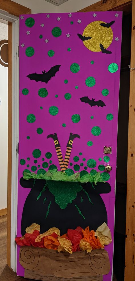 Halloween Cauldron Door Decoration, Witch Halloween Door Decorations For Office, Fun Halloween Door Decorations, Witches Door Decoration, Halloween Classroom Door Hocus Pocus, Halloween Door Decorations Witch, Witch Door Decorations Classroom, Cauldron Door Decoration, Office Door Decorating Contest Halloween