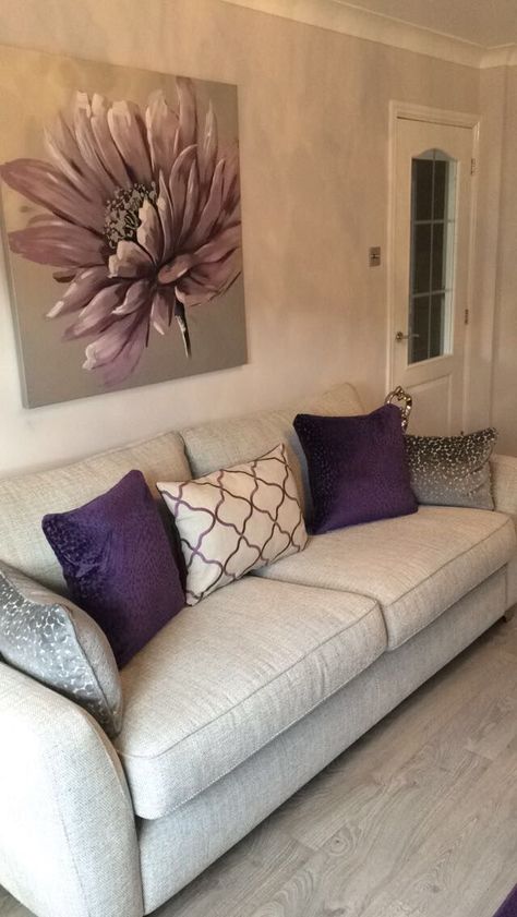 Gray Beige Purple Living Room, Lavender Accent Living Room, White And Lavender Living Room, Living Room Purple And Grey, Beige And Purple Living Room, Purple Themed Living Room, Living Room Purple Accents, Gray And Lavender Living Room, Lilac Living Room Decor