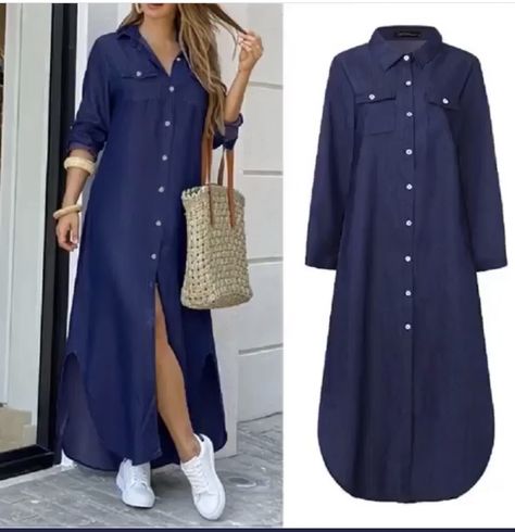 Long Coat Outfit Summer, Denim Maxi Dress, African Fashion Women Clothing, Casual Day Dresses, Elegante Casual, Classy Casual Outfits, Modest Fashion Outfits, Abayas Fashion, Dress Shirts For Women