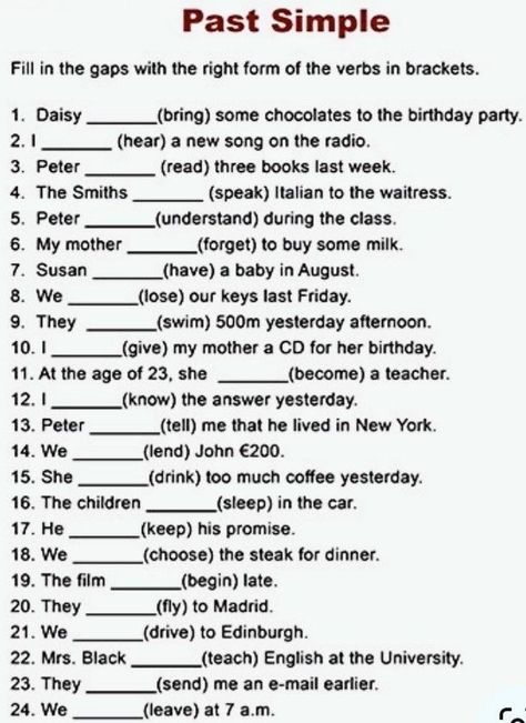 Simple Past Tense Worksheet, Tense Worksheet, Past Tense Worksheet, English Grammar Test, English Grammar Exercises, Simple Past Tense, Past Simple, Grammar Exercises, Learning English For Kids