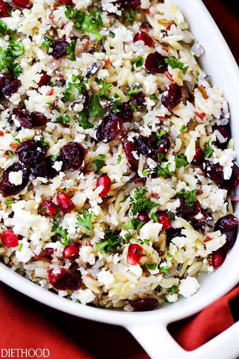 Orzo Pasta Salad with Feta Cheese and Cranberry Pomegranate Vinaigrette Recipe | Diethood Pasta Salad With Feta Cheese, Orzo Salad With Feta, Orzo Salads, Strawberry Syrup Recipe, Pasta Salad With Feta, Salad For Parties, Orzo Pasta Salad Recipe, Pasta Tiktok, Cheesy Orzo