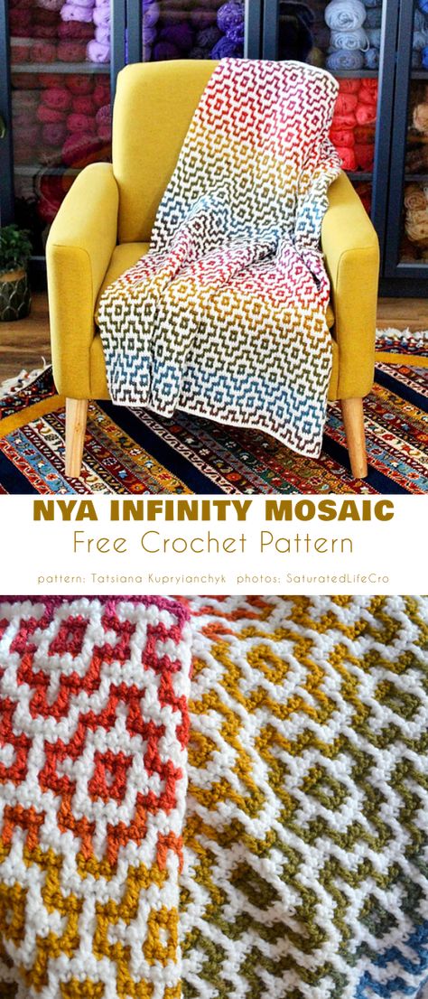 Nya Infinity Mosaic in Rainbow Crochet Cushion Covers, Mosaic Blanket, Crochet Cushion Pattern, Rainbow Mosaic, Crochet Cushion, Crochet Cushion Cover, Mosaic Crochet, Crochet Blanket Afghan, Crochet Patterns Free Blanket