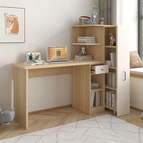 49.2" Natural Hidden Bookshelf Desk with Storage & Universal Rollers Desk With Bookshelf On Side, Bookshelf Furniture Design, Space Saver Bookshelves, Small Home Furniture Ideas, Small Home Office Space Ideas, Desk Area Ideas, Small Desk Ideas, Bedroom With Study, Desk Ideas For Small Spaces