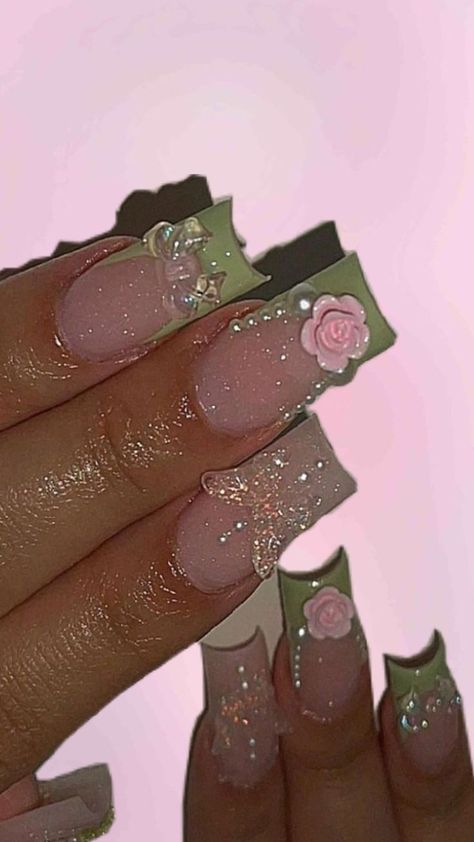 sage Green Sparkly Prom Dress, Nature Princess, Princess Tiana Dress, Sweet 16 Nails, Tiana Wedding, Princess Sweet 16, Disney Princess Nails, Quince Nails, Quinceanera Nails