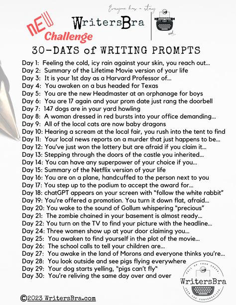 Newest 30 days worth of #writingprompt #writingchallenge from WritersBra #writingprompts 30 Day Fantasy Writing Challenge, Writing Prompts For Writers Fiction, Writing Challenge Fiction, Film Prompts, Writing Prompt Challenge, Resume Key Words, Writing Challenges, Story Prompt, Query Letter