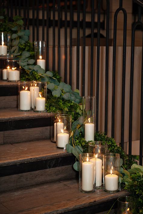 Staircase Candles, Wedding Aisle Candles, Bride Aisle, Chic Winter Wedding, Calgary Wedding Venues, Wedding Luminaries, Wedding Staircase, Candlelit Wedding, Wedding Isles