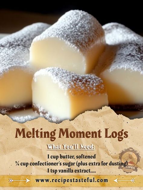 Melting Moments Logs, Tasteful Recipes, Melting Moments, Buttery Cookies, Recipe Community, Melt In Your Mouth, Confectioners Sugar, Christmas Baking, Vanilla Extract