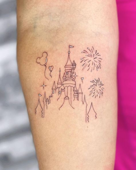 12 Disneyland Tattoos That Are Both Unique And Magical - That Disney Fam Minnie Tattoo Ideas, Disney Tattoos Couples, Disney Parks Tattoo, Tiny Disney Tattoo, Matching Disney Tattoos, Disney Castle Tattoo, Cute Disney Tattoos, Disney Couple Tattoos, Mickey And Minnie Tattoos