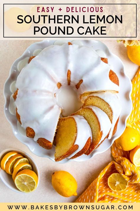 Treat yourself and your family to big lemon flavor with this amazing Southern Lemon Pound Cake recipe.  The combination of fresh lemon zest and lemon juice, and creamy lemon glaze ensures fresh citrusy taste in every bite. This moist, tender pound cake is the perfect way to satisfy your sweet tooth. Get the recipe at the Bakes by Brown Sugar blog and bask in the joy of baking your very own Lemon Pound Cake from scratch! Mini Lemon Bundt Cakes, Perfect Cake Recipe, Lemon Bundt Cake Recipe, Lemon Pound Cake Recipe, Bundt Cake Recipe, Lemon Bundt Cake, Lemon Cake Mixes, Lemon Dessert Recipes, Lemon Glaze