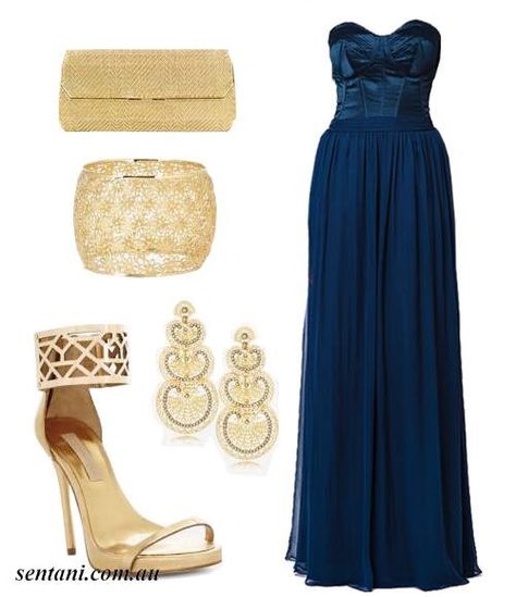 Navy and gold at sentani.com.au Gold Heels Outfit, Midnight Blue Gown, Royal Blue Outfits, Star Room, Gold Glitter Dress, Navy Gown, Gold Outfit, Navy Outfit, Heels Outfits