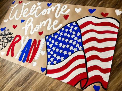 Always a blessing to be able to paint these soldier banners ❤️🤍💙 #soldier #welcomehome #redwhiteblue #merica #america #banner #banners #butcherpaperbanner School Veterans Day Decorations, Veterans Day Bulletin Board Ideas, Welcome Banner Ideas, Painted Banner School, Veterans Day Decorations, Welcome Home Banner Diy Free Printable, Grad Banner Painted, Veterans Day Banner, Hand Painted Graduation Banner