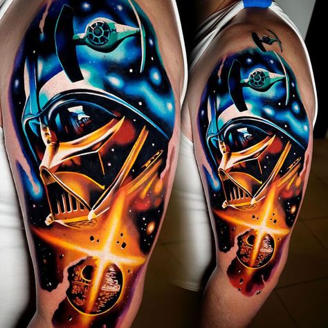 Disney Tattoos For Men, Mandalorian Tattoos, Boba Fett Tattoo, Star Wars Sleeve, Mandalorian Tattoo, Star Wars Tattoo Sleeve, Vader Tattoo, Darth Vader Tattoo, Photo Realism Tattoo