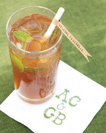 Cute cocktail decoration. Spiked Tea, Southern Tea, Southern Wedding Venues, Cocktail Decoration, Straw Flags, Outdoor Wedding Inspiration, Welcome Drink, Napkin Design, Custom Cocktail Napkins