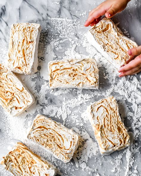 peanut butter caramel swirl marshmallows - buttermilk Caramel Marshmallows, Salted Caramel Sauce Recipe, For Emma Forever Ago, Homemade Marshmallow Recipe, Marshmallow Recipes, Marshmallow Recipe, Making Peanut Butter, Peanut Butter Caramel, Gourmet Marshmallow