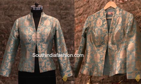 Jacket Style Blouses For Saree, Blouses For Silk Sarees, Style Blouse Designs, Jacket Style Blouse, Brocade Designs, Banarasi Blouse, Saree Jacket Designs, Banarasi Fabric, Saree Jackets