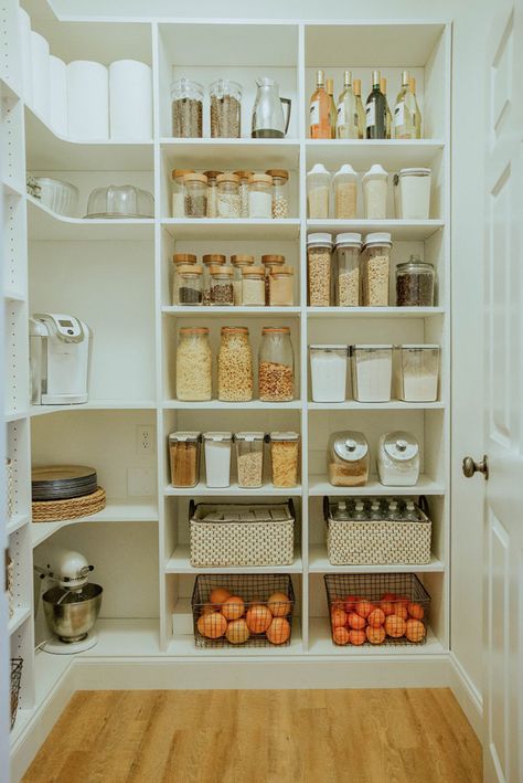 Dry Pantry Organization, Store Onions And Potatoes Wire Baskets, Simple Pantry Shelves, Dry Storage Pantry, Simple Walk In Pantry, Small Walkin Pantry, Big Pantry Organization, Pantry Plans Layout, Dry Good Storage