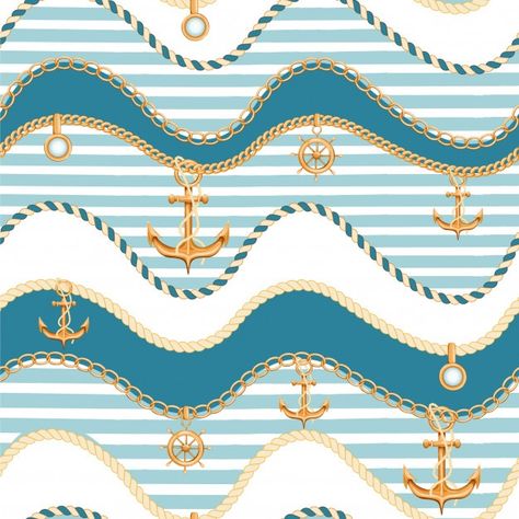 Seamless pattern with chains and anchor | Premium Vector #Freepik #vector #background #pattern #gold #line Nautical Background, Anchor Wallpaper, Pastel Color Wallpaper, Pool Party Kids, Nautical Prints, Marine Colors, Vector Background Pattern, Program Ideas, Double Denim