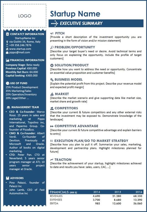 Executive summary template for startup: a one page with all the main info summarized with an appealing design Executive Summary Design, Executive Summary Example, One Page Business Plan, Executive Summary Template, Summary Template, Vision And Mission Statement, Marketing Plan Template, Business Pitch, Startup Business Plan