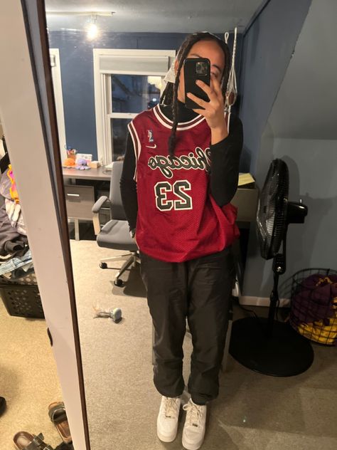 Chicago Bulls Jordan Jersey Outfit Nike Chicago Jersey Outfit, Maroon Jersey Outfit, Chicago Bulls Jersey Outfit Woman, Basketball Shirt Outfit, Hoodie Jersey Outfit, Nba Outfits For Women, Bulls Outfit, How To Style Basketball Jerseys, Baseball Outfit Women Jersey