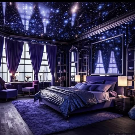 Galaxy Bedroom Aesthetic, Galaxy Bedroom Ideas, Gothic Houses, Galaxy Room, Bedroom Decor Dark, Dark Blue Bedrooms, Lake House Bedroom, Dream Bedroom Inspiration, Fantasy Bedroom