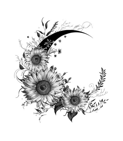 Autumn Moon Tattoo, Moon And Sunflower Tattoo, Sunflower Moon Tattoo, Upper Shoulder Tattoos For Women, Sunflower And Moon Tattoo, Fall Tattoo Ideas Autumn, Best Feminine Tattoos, Upper Shoulder Tattoo, Full Moon Tattoo